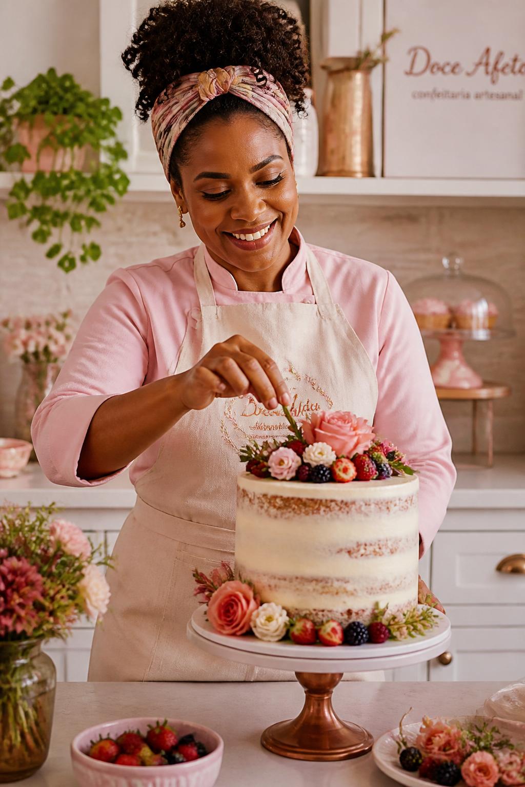 Confeiteira negra decorando bolo artesanal com flores e frutas vermelhas