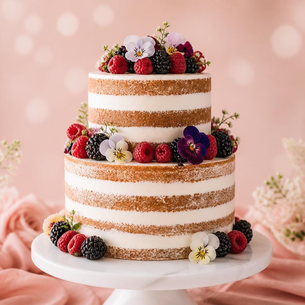 Naked cake decorado com frutas vermelhas e flores